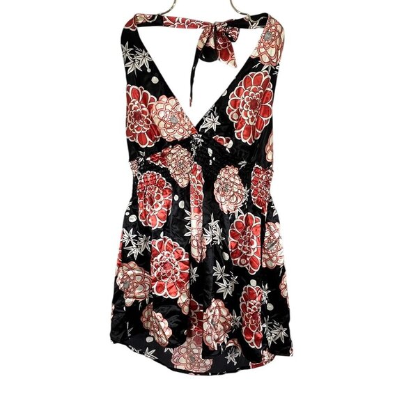 Retro Floral Halter Peplum Top L Black Artsy Funky Y2K Boho Western Colorful 80s - Picture 1 of 11